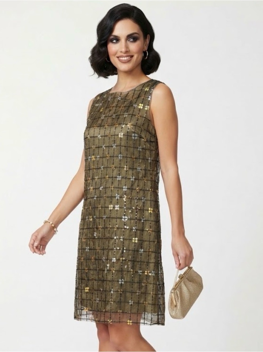 Cerruti Arte Italian Vintage Sheer Grid Sequin Shift Dress Size 44 / US 10